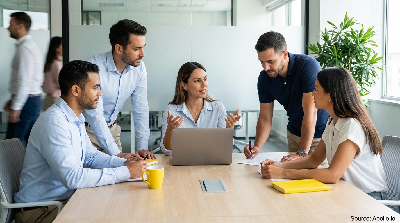 Four business professionals collaborate at a modern office table, two figures blurred in background.