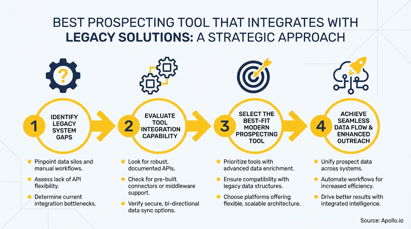 Infographic illustrating a four-step process for integrating prospecting tools with legacy systems.