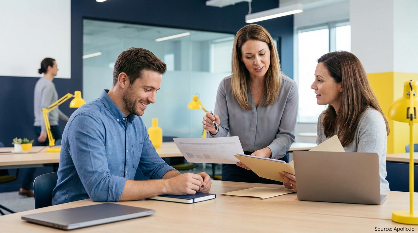 Three colleagues collaborate, reviewing documents and a laptop at a bright office table.