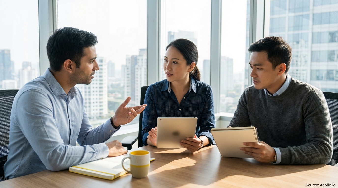 Three businesspeople discuss at a modern office table with city views.