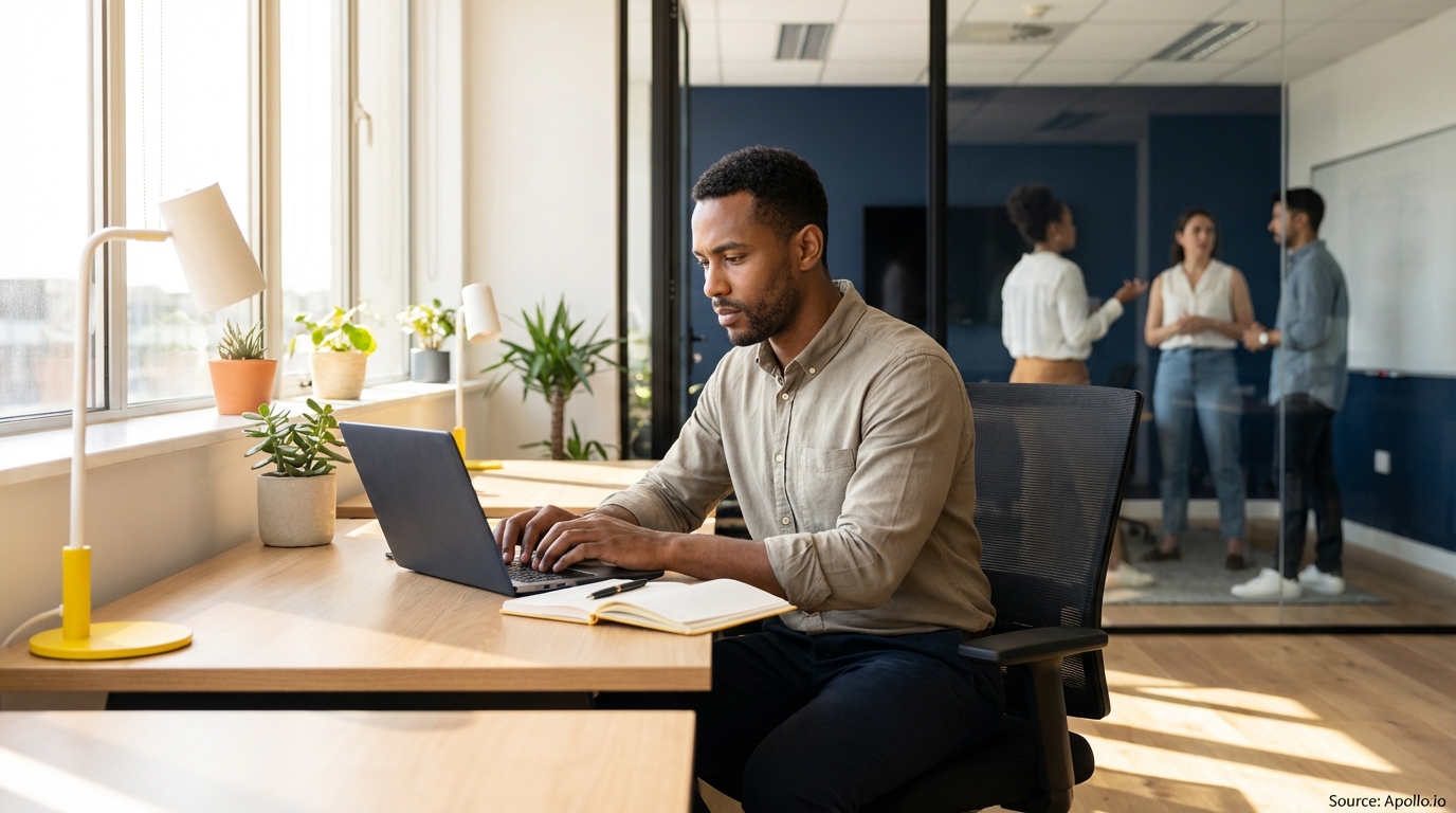 Man works on a laptop at a bright office desk, while three colleagues discuss in a glass-walled meeting room.