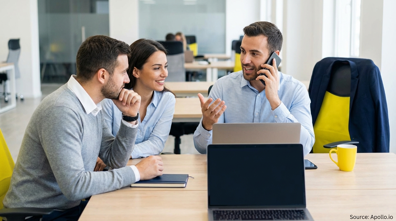 Three people at a modern office table; one man talks on the phone, two others listen.