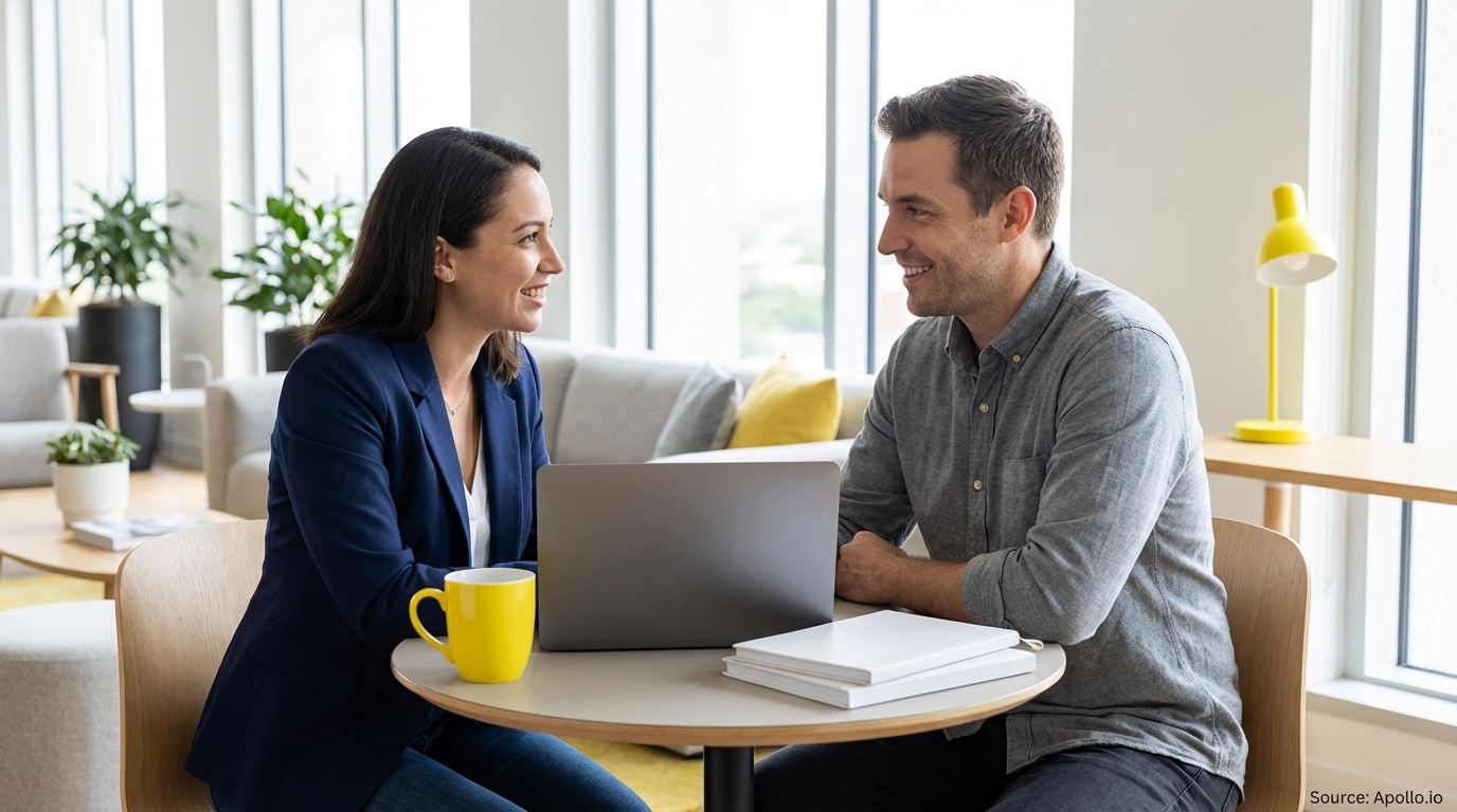 Two smiling professionals discuss at a table with a laptop in a bright modern office.