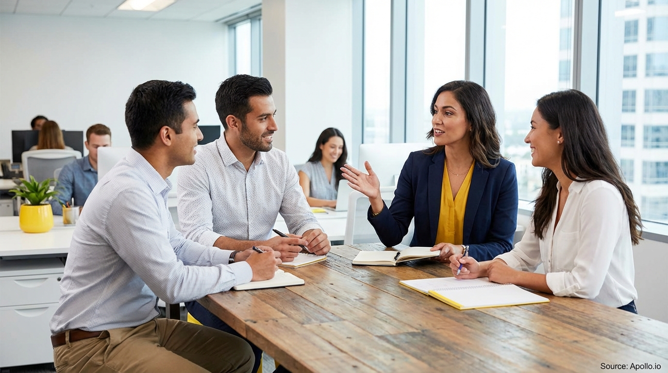 Four professionals meeting at a modern office table, others working nearby.