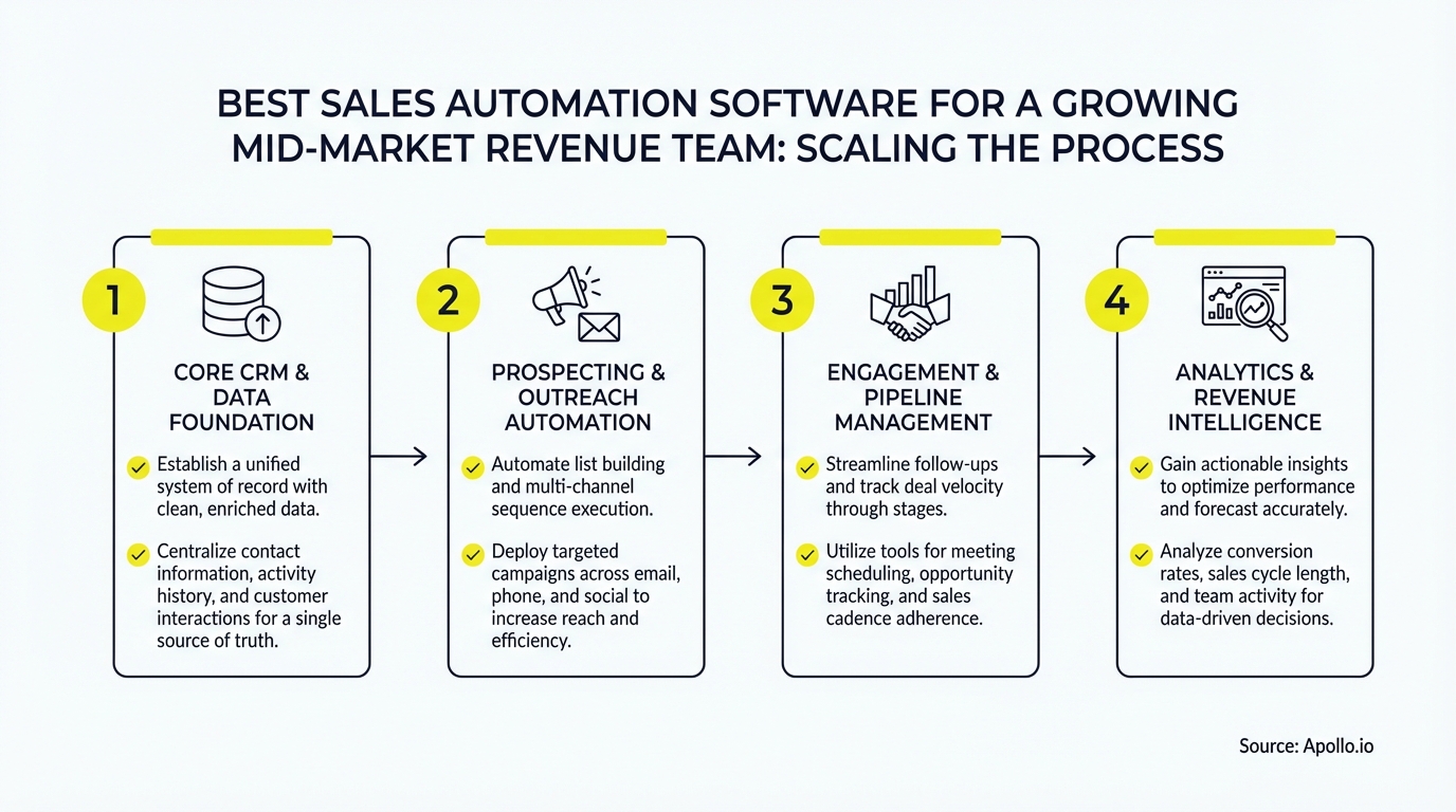 A four-step diagram with icons and text describing a sales automation process.