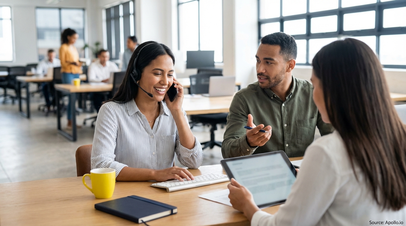 Three colleagues collaborate at office desks, one on a call, two discussing data on a tablet.