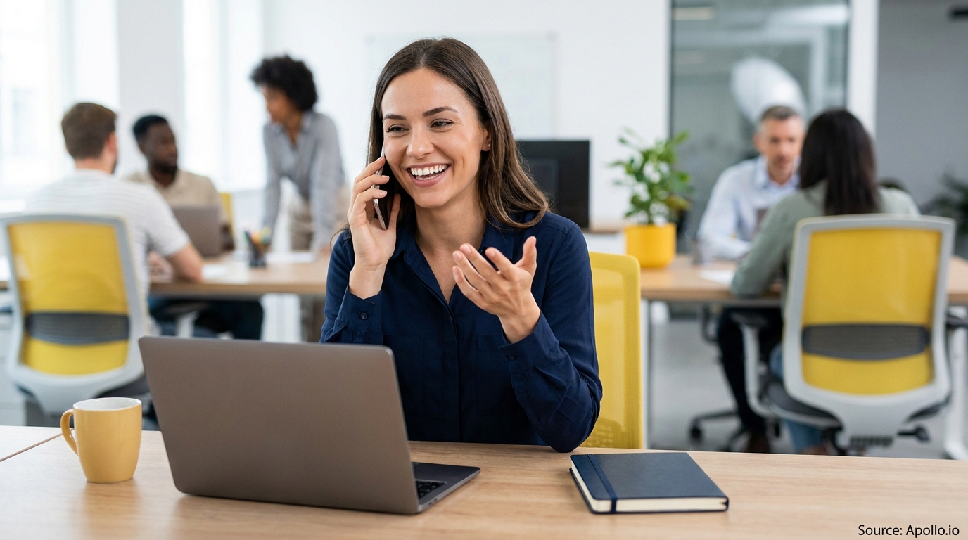 A smiling woman talks on her phone while colleagues work in a modern office.