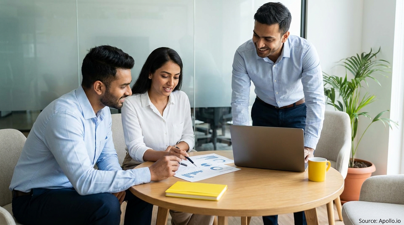 Three smiling professionals discuss charts and data on papers and a laptop in a modern office.