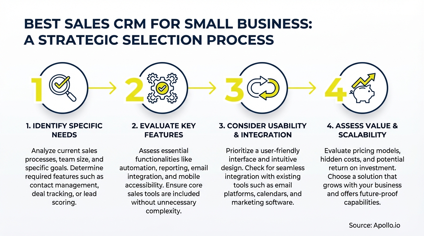 An infographic shows a four-step strategic selection process for a sales CRM, using numbered steps and icons.