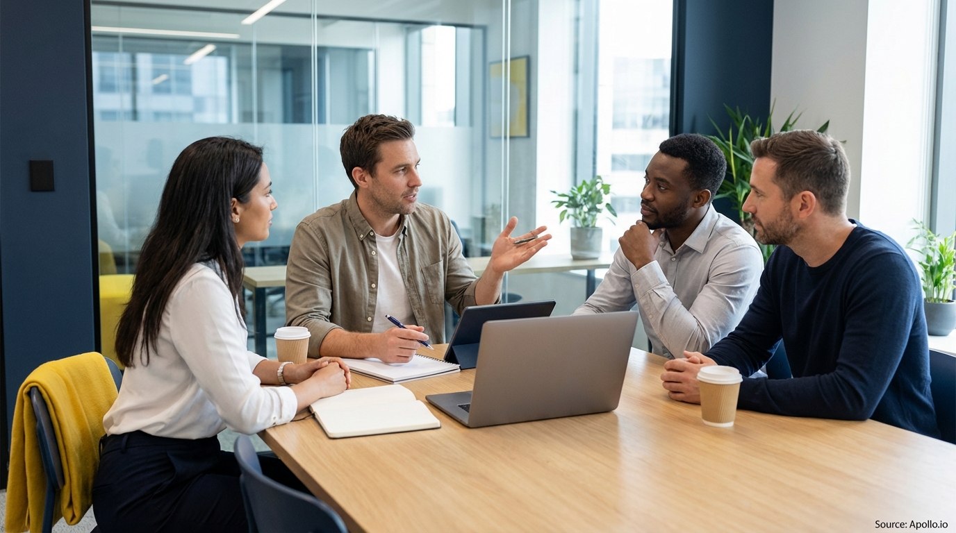 Four professionals actively discuss a plan at a modern office table.