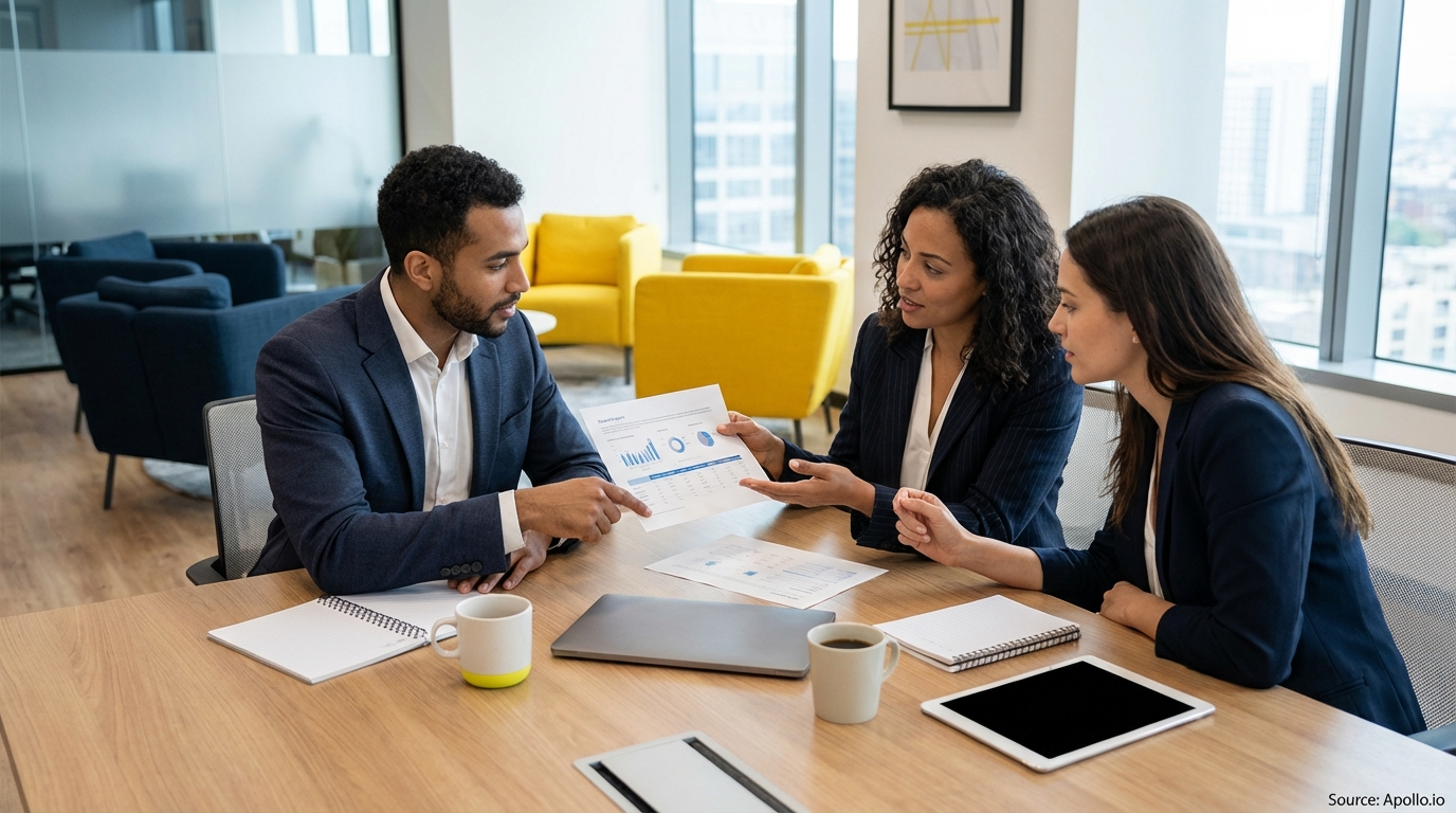 Three professionals discuss charts and data at a modern office meeting table.