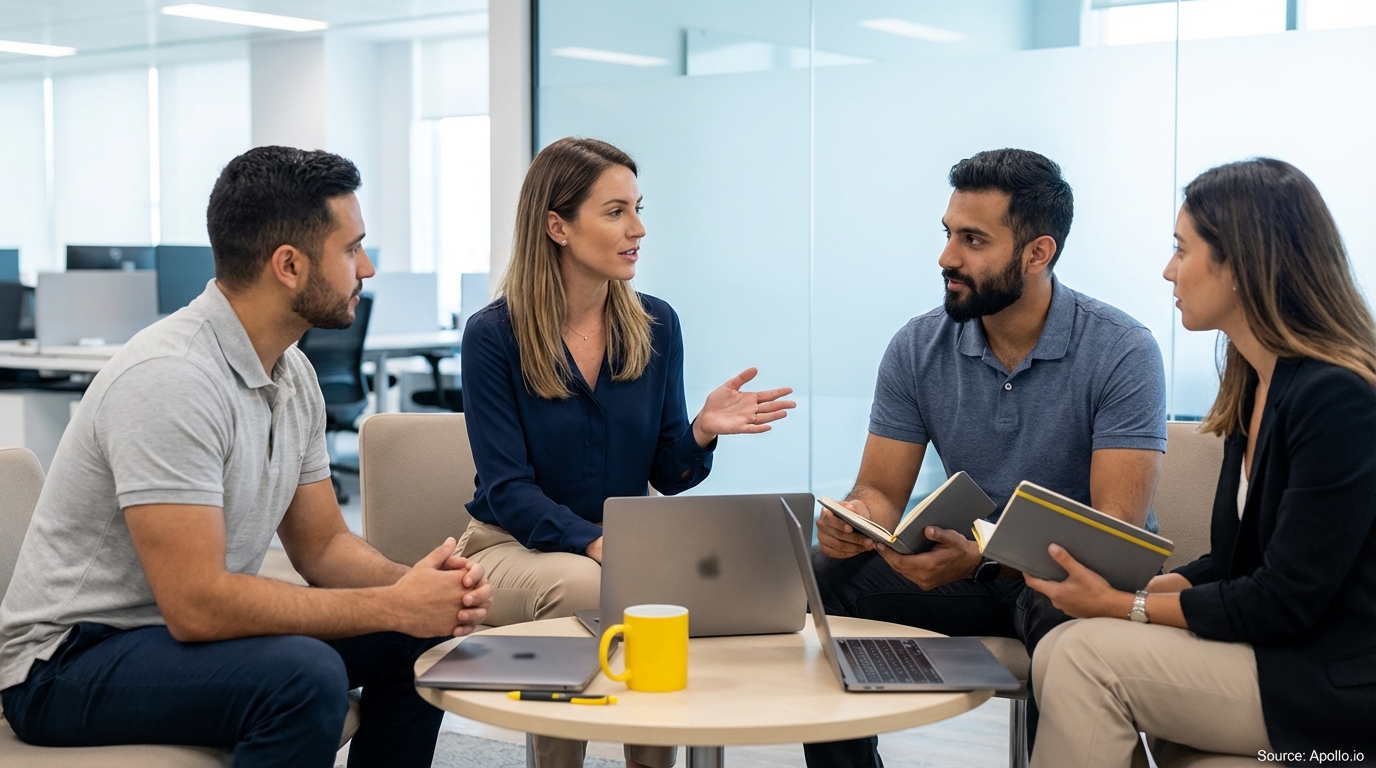 Four professionals discussing in a modern office with laptops and notebooks.