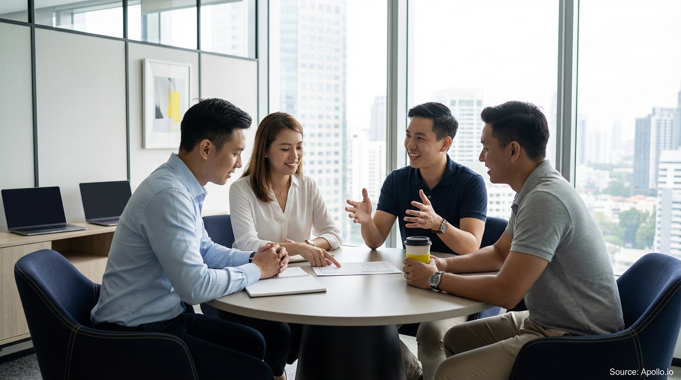 Four colleagues discuss documents at a modern office table with city skyline views.
