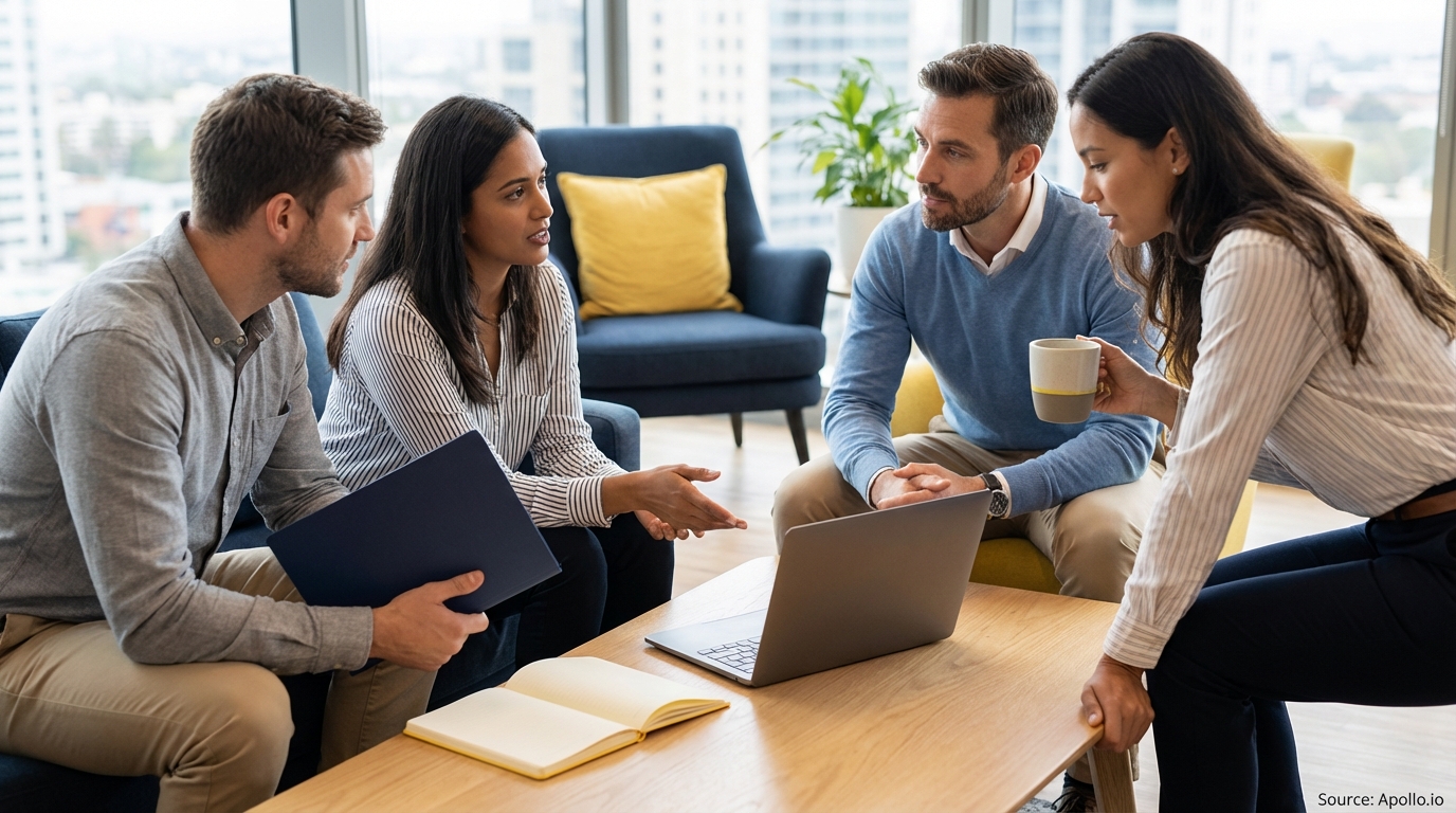 Four colleagues discuss strategy with a laptop and notebooks in a modern office.