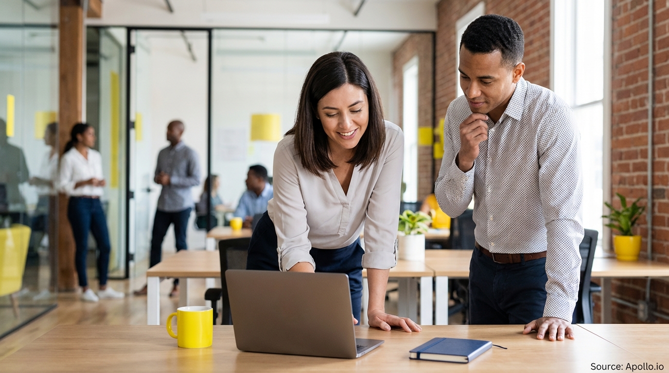 A smiling woman and thoughtful man collaborate on a laptop in a modern office.