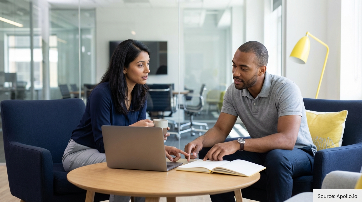 Two professionals collaborate on a laptop and notebook in a modern office lounge.