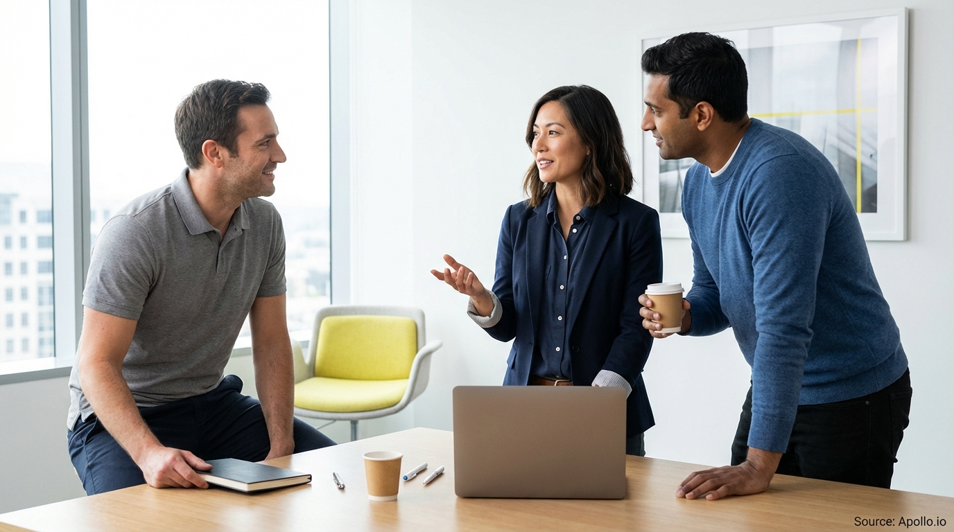Three professionals discuss ideas at a bright, modern office table with a laptop.