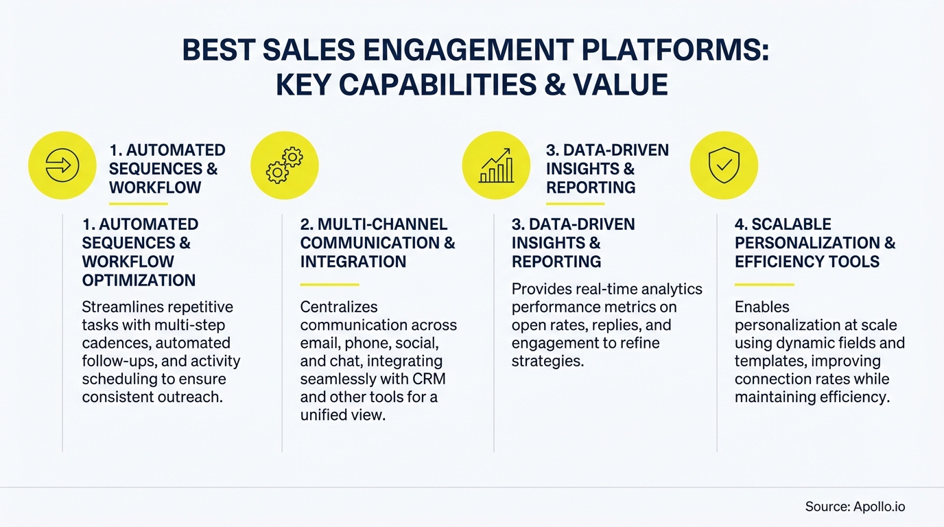 Infographic outlining four key capabilities and value propositions of sales engagement platforms.