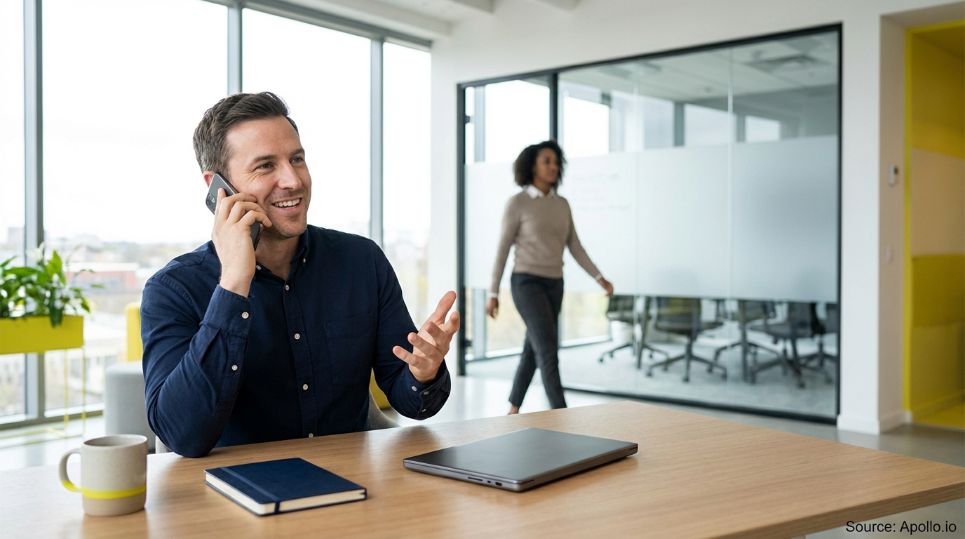 Two professionals in a bright modern office, one on the phone, one walking past a glass wall.