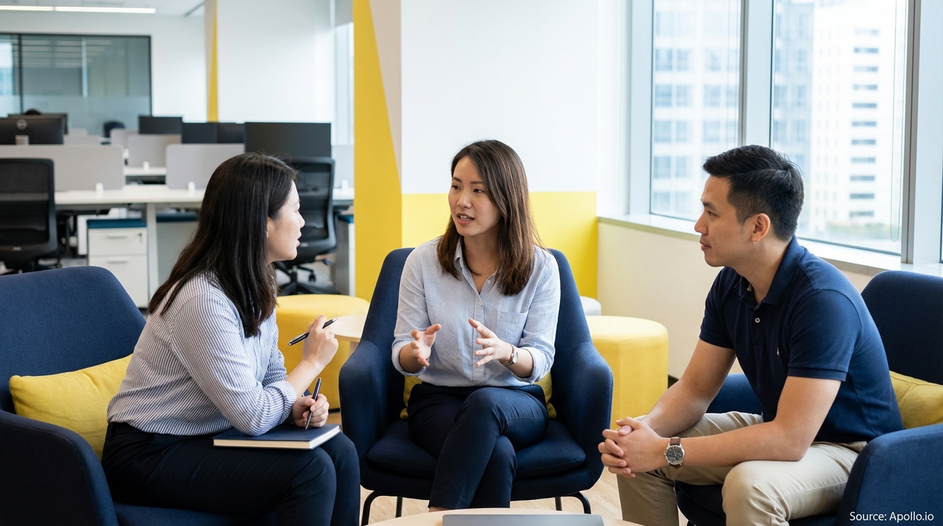 Three professionals discuss in a modern office lounge area with large windows and open workspaces.