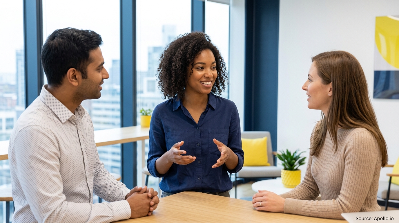 Three professionals engage in a collaborative business discussion around a wooden table in a bright, modern office.