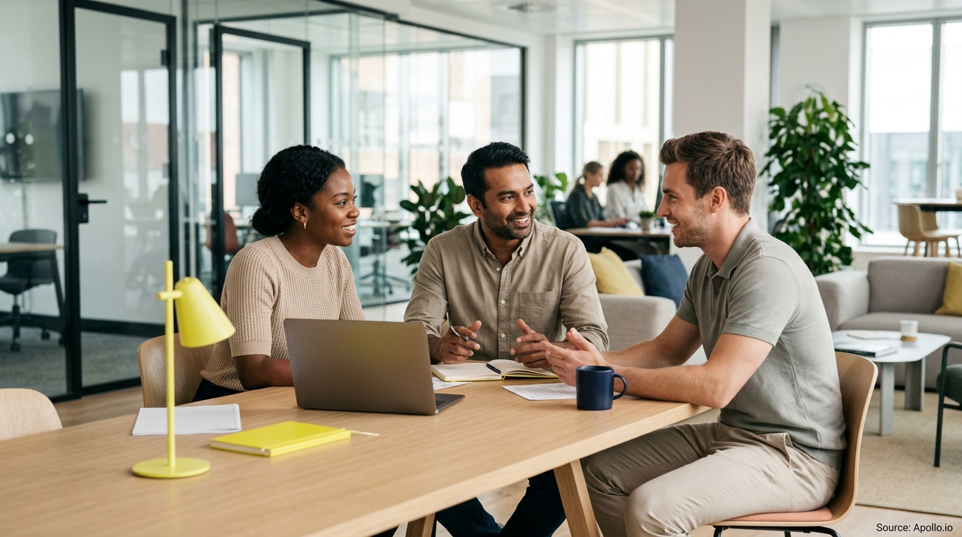 Three diverse professionals talk and smile while collaborating at a wooden table in a bright, modern office.