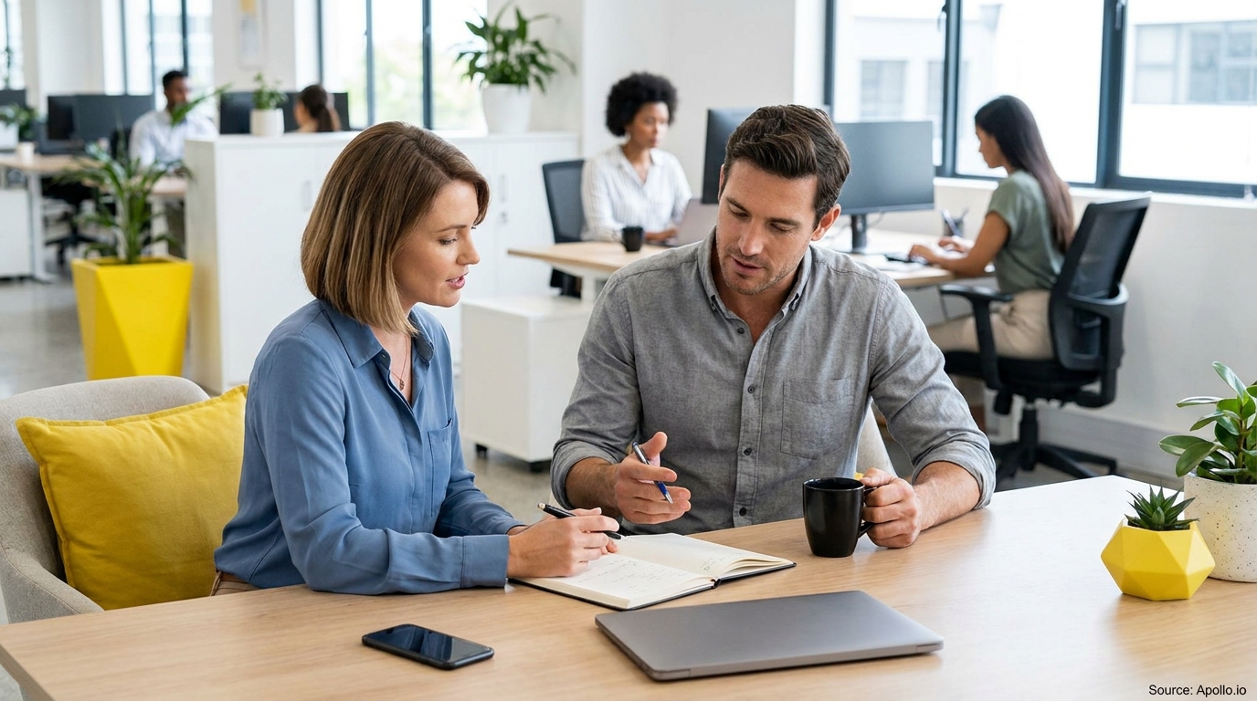 Two colleagues review notes at a table in a modern office.