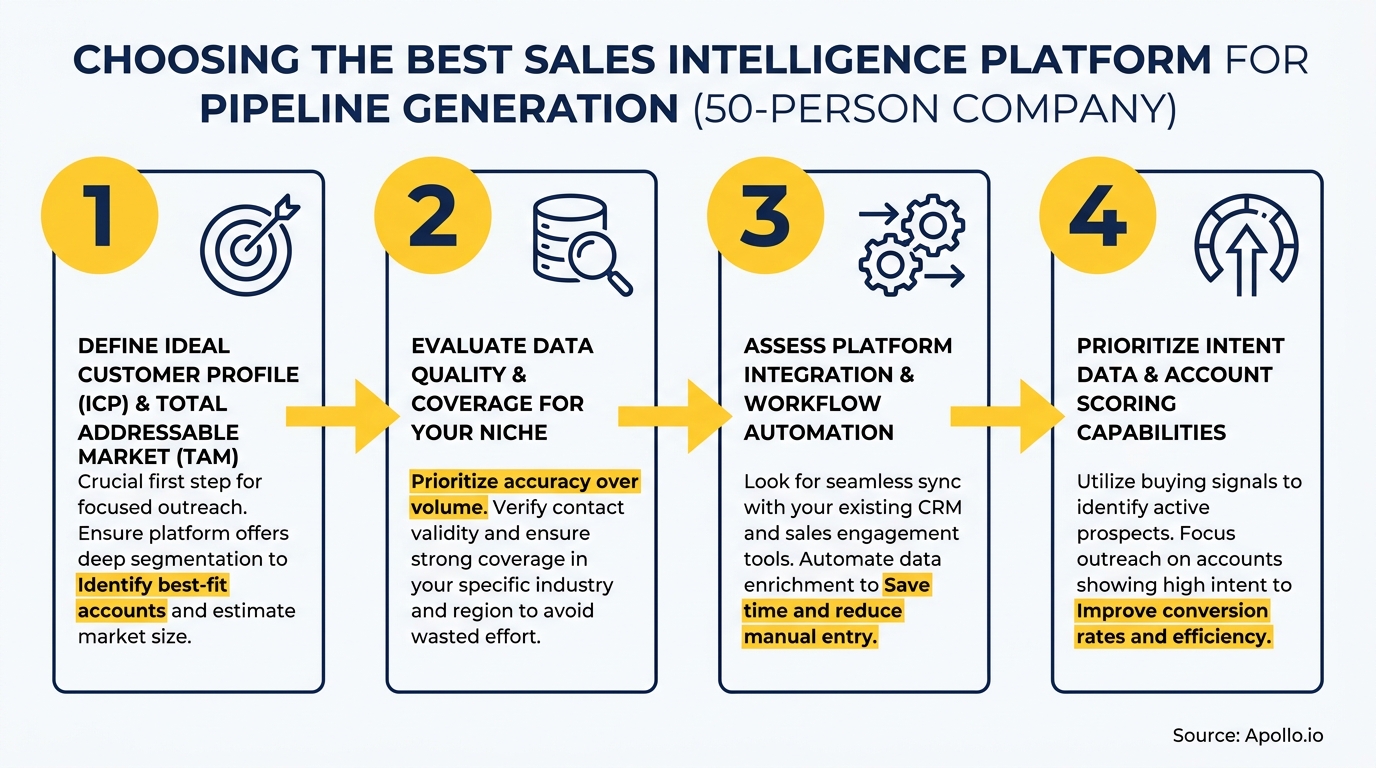 Infographic presenting four steps for choosing a sales intelligence platform.