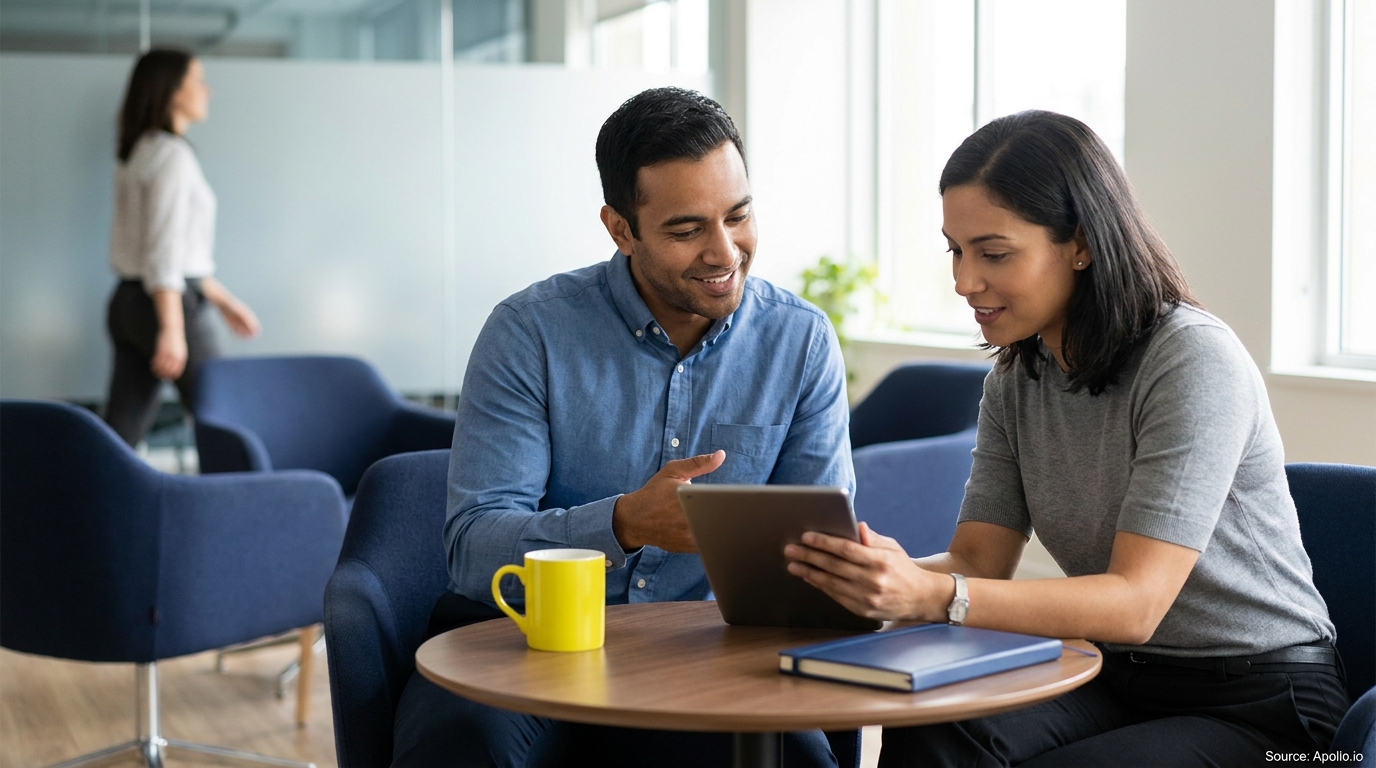 Two professionals collaborate on a tablet at a small table in a bright office lounge.