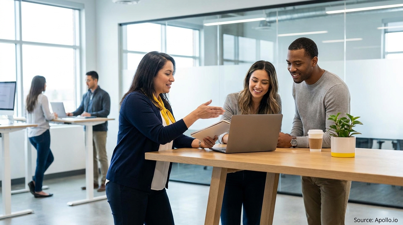 Five professionals collaborating at standing and meeting desks in a modern, bright office.