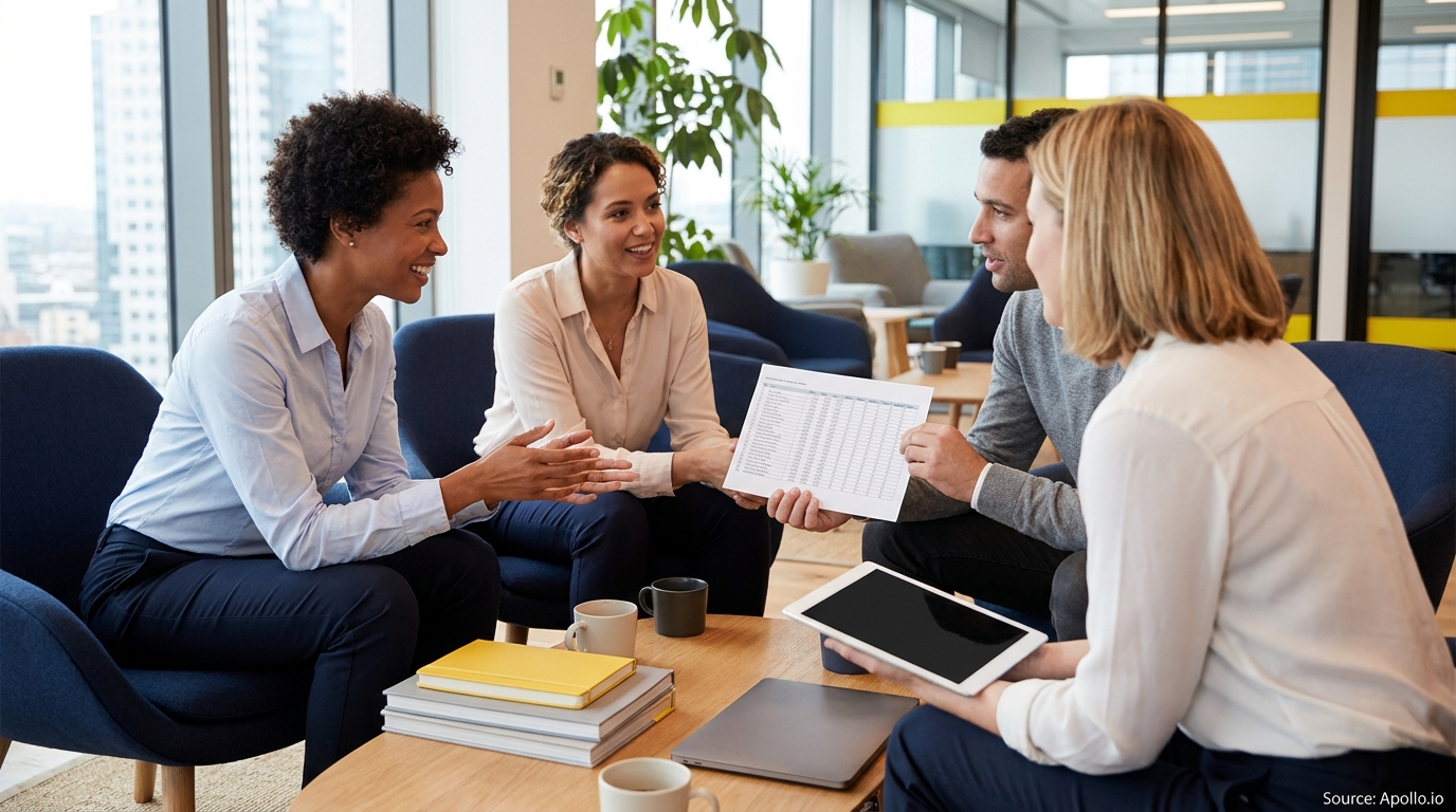 Four colleagues discussing documents and a tablet in a modern office lounge.