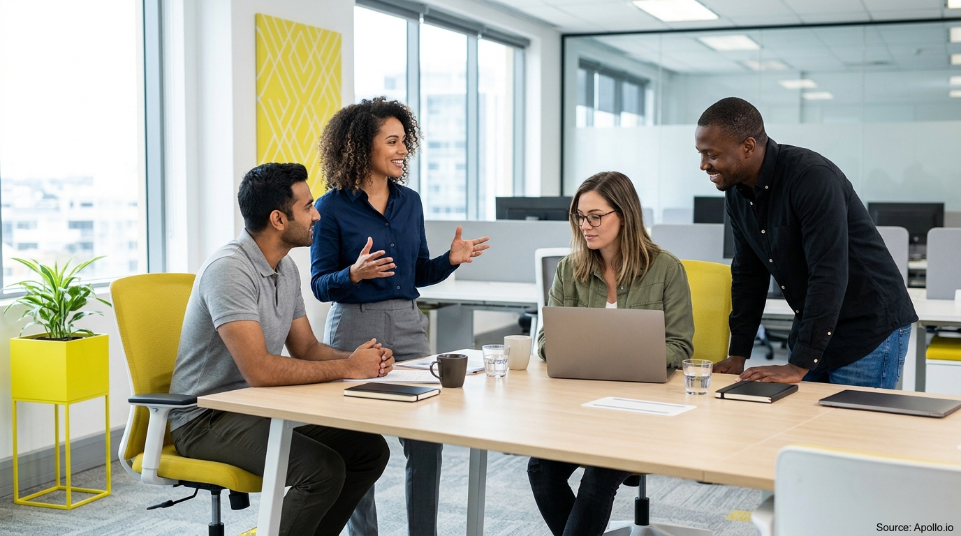 Four diverse professionals collaborate around a laptop in a bright, modern office setting.