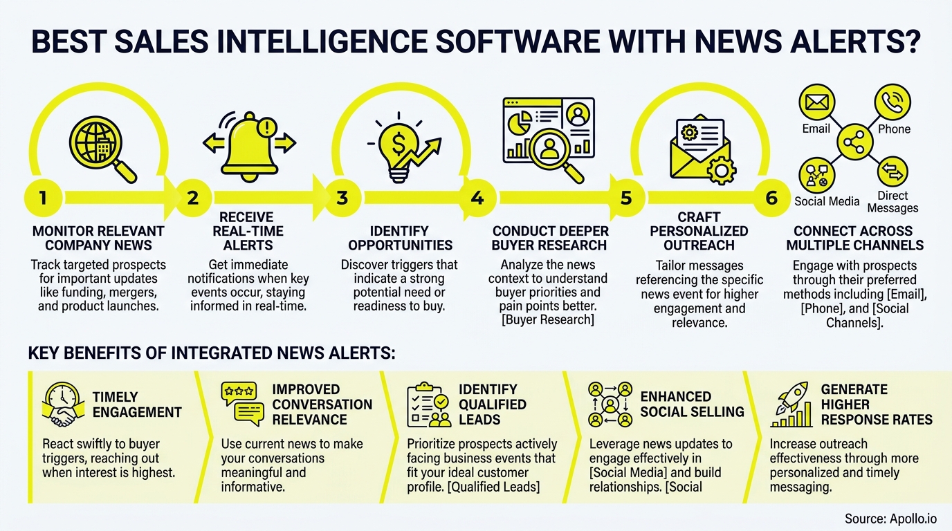 Numbered yellow icons illustrate a six-step sales process above five panels describing the benefits of integrated news alerts.