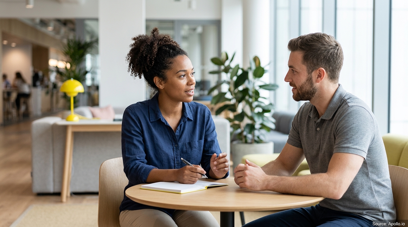 Two professionals engage in a business discussion at a small table in a bright, modern office setting.