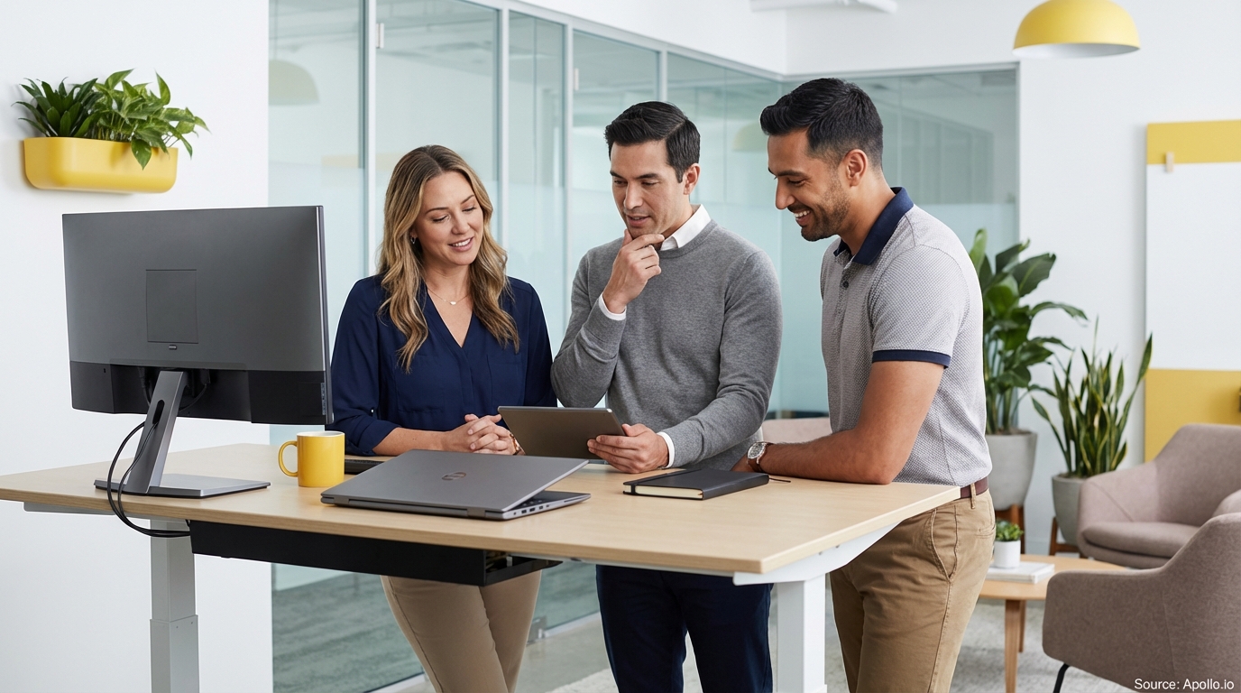 Three colleagues discuss data on a tablet at a modern standing desk in a bright office.
