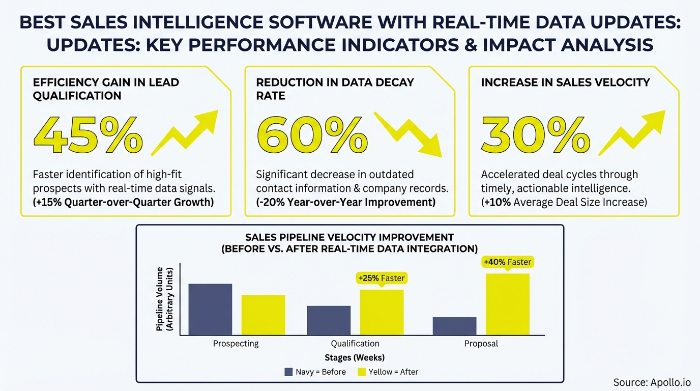 Infographic shows sales software performance indicators and pipeline velocity improvements from real-time data.