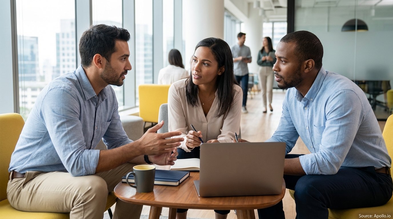 Three business people meet around a laptop in a bright, open-plan office.