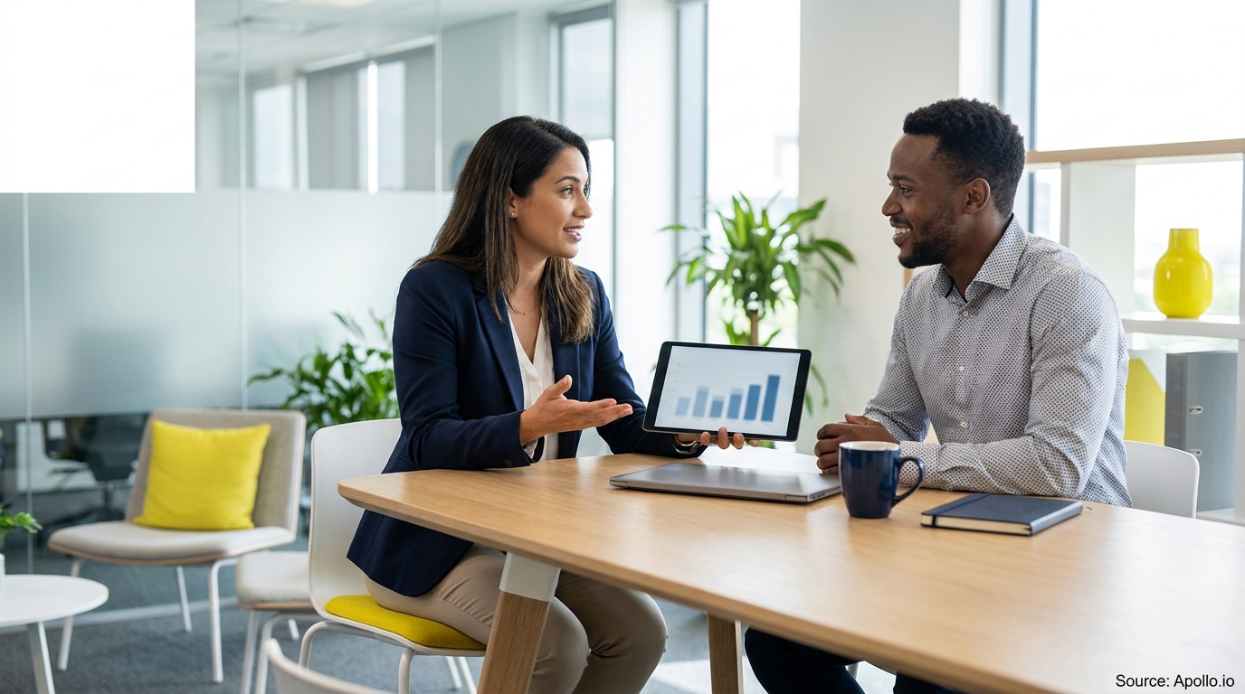 Two professionals discussing data on a tablet at a modern office table.