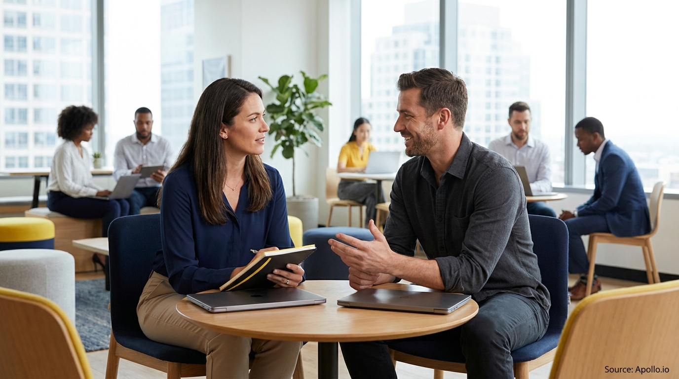 Seven professionals converse and work in a bright, modern open-plan office.