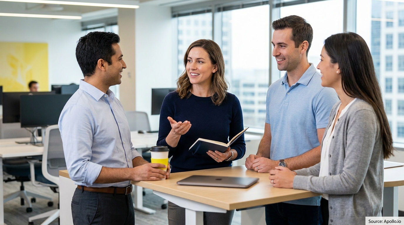Four professionals stand and converse around a table in a bright, modern office.