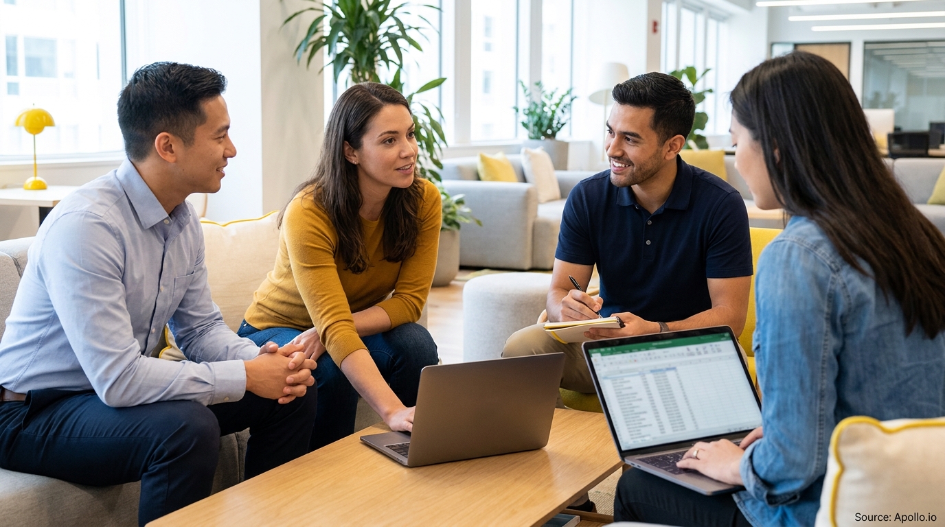 Four colleagues collaborate, using laptops and taking notes in a modern office lounge.