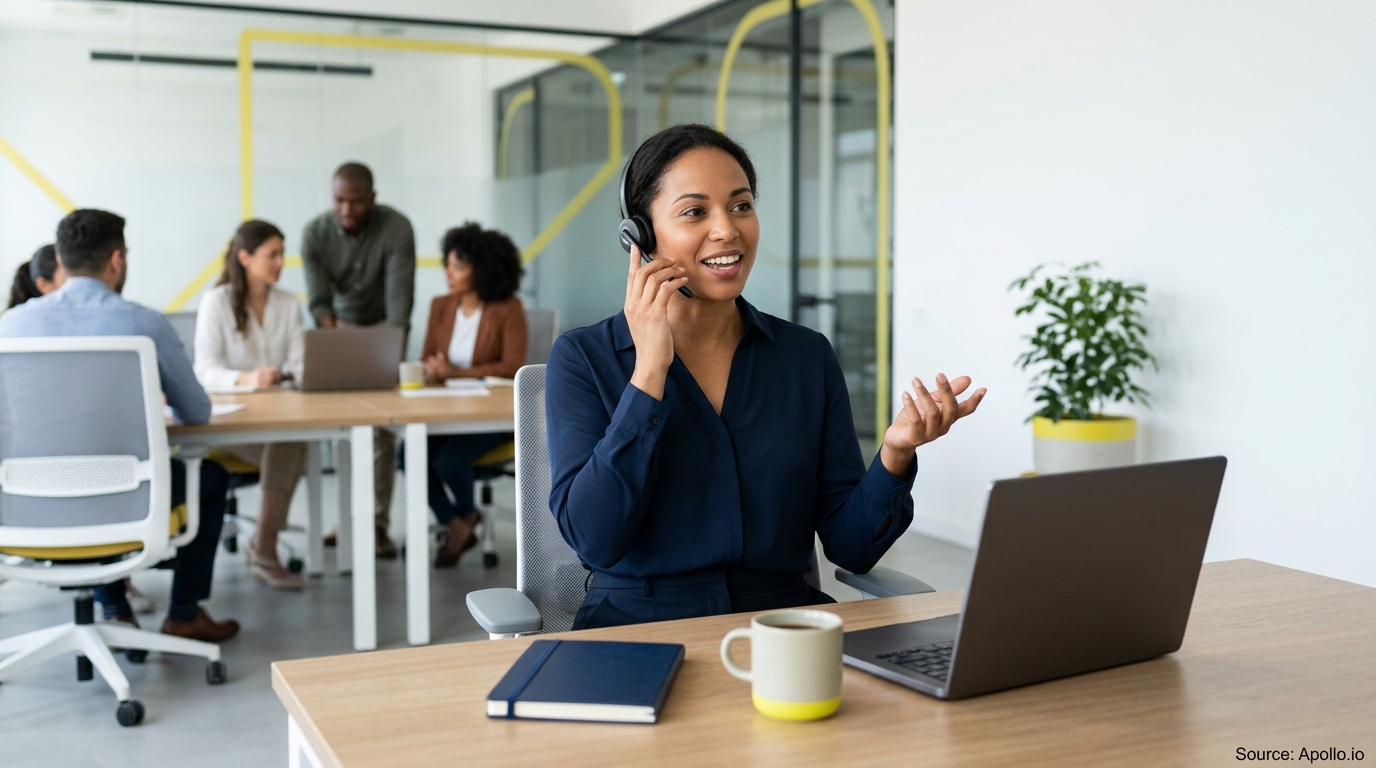 A woman on a headset gestures at her desk while four colleagues collaborate in a modern office.