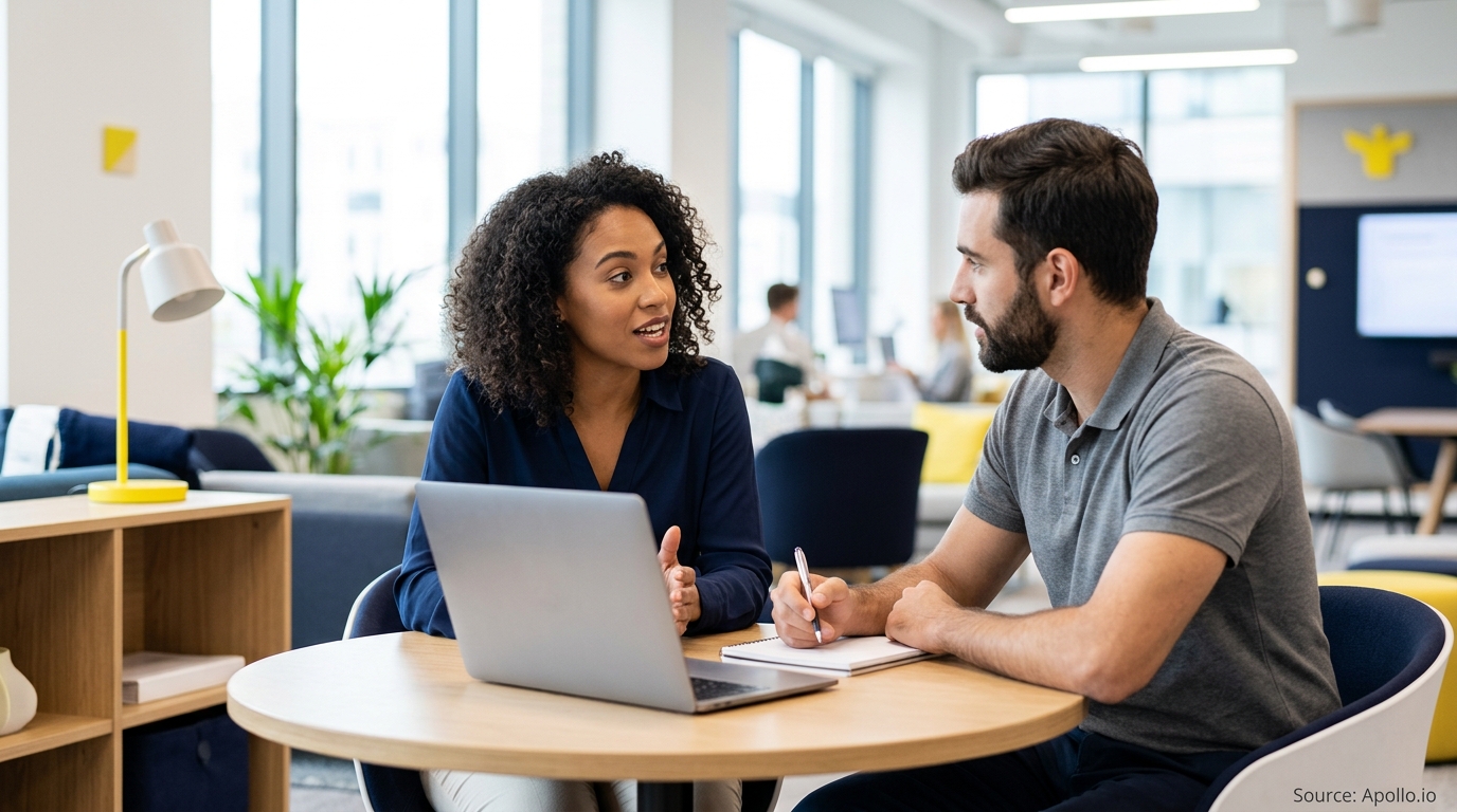 A woman explains information on a laptop to a man taking notes in a bright office setting.