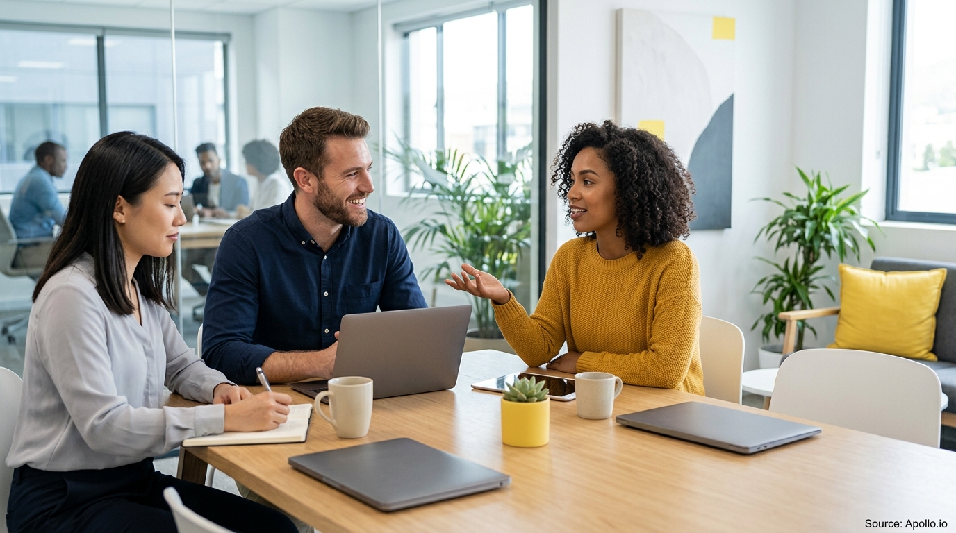 Three professionals collaborate at a table with laptops in a bright, modern office space.