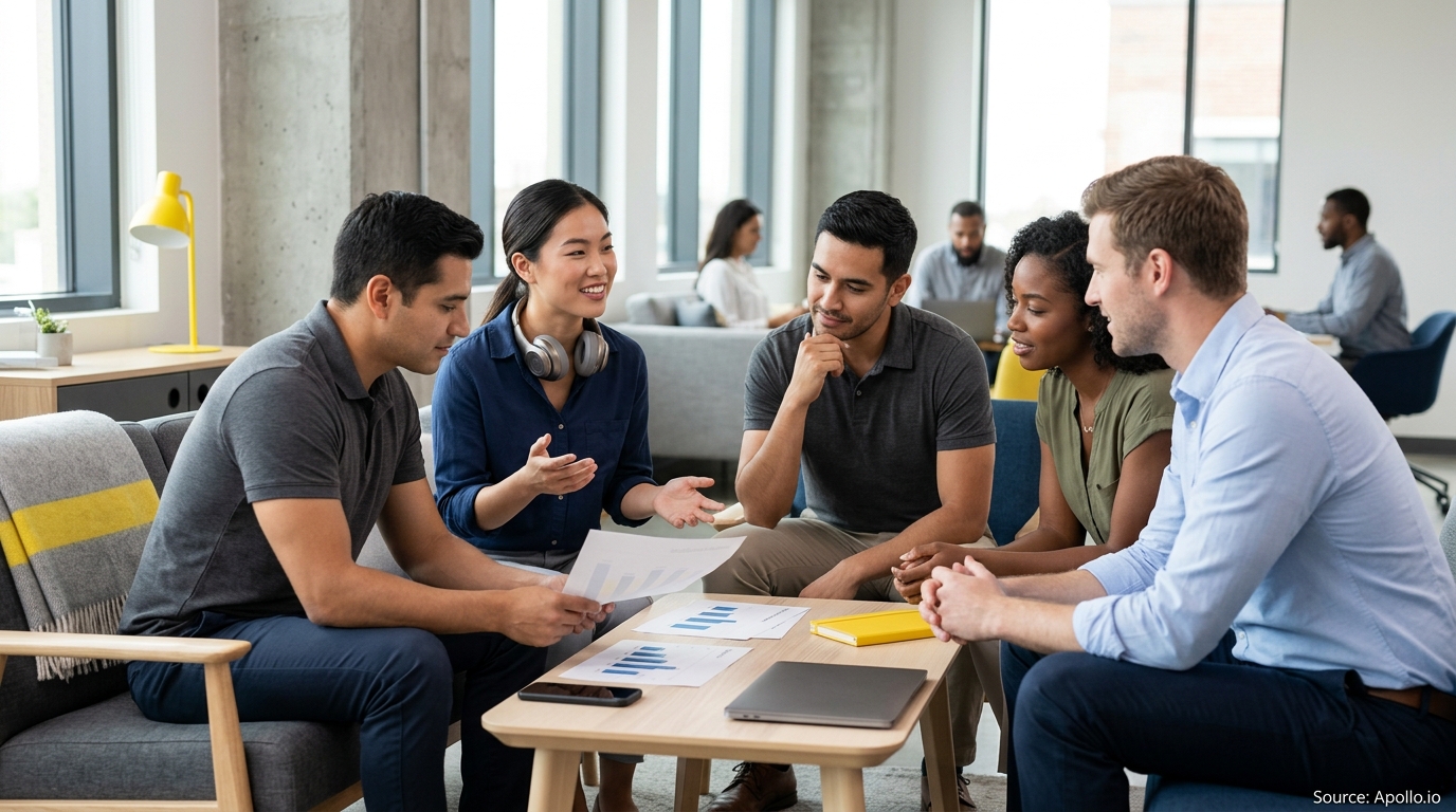 Five professionals analyze data charts and collaborate around a coffee table in a bright, modern office.