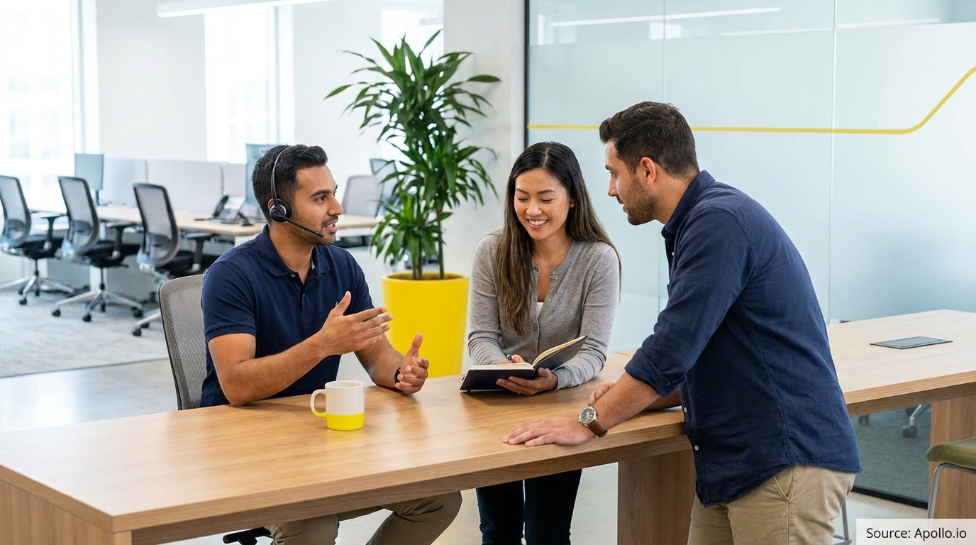 Three colleagues discuss work at a modern office table, one wearing a headset.