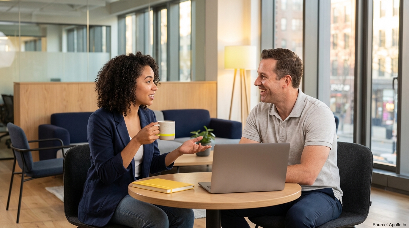 Two professionals discuss at a modern office table with a laptop.