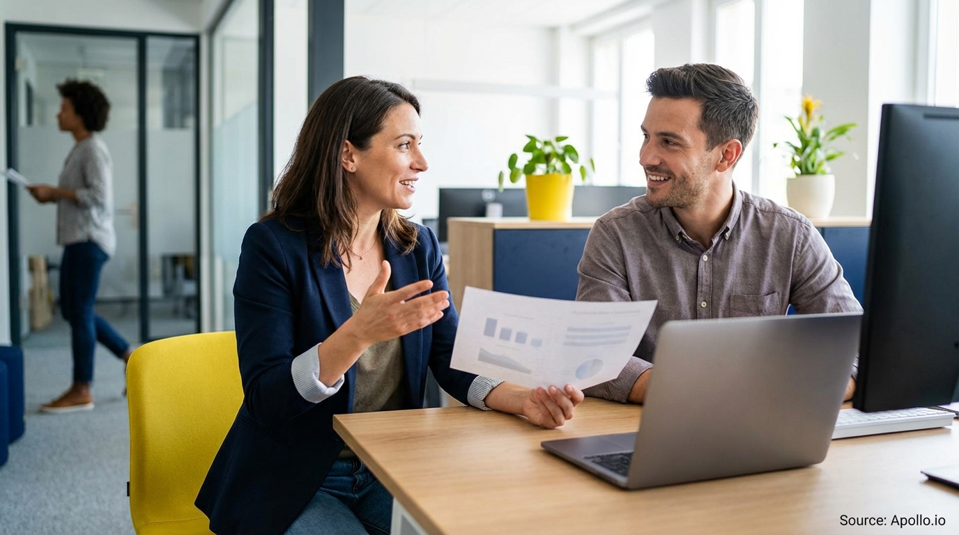 Two professionals discuss data and charts on paper at a modern office desk.