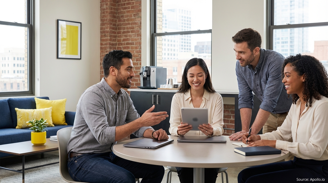 Four diverse colleagues discuss at a table with laptops and a tablet in a modern office.
