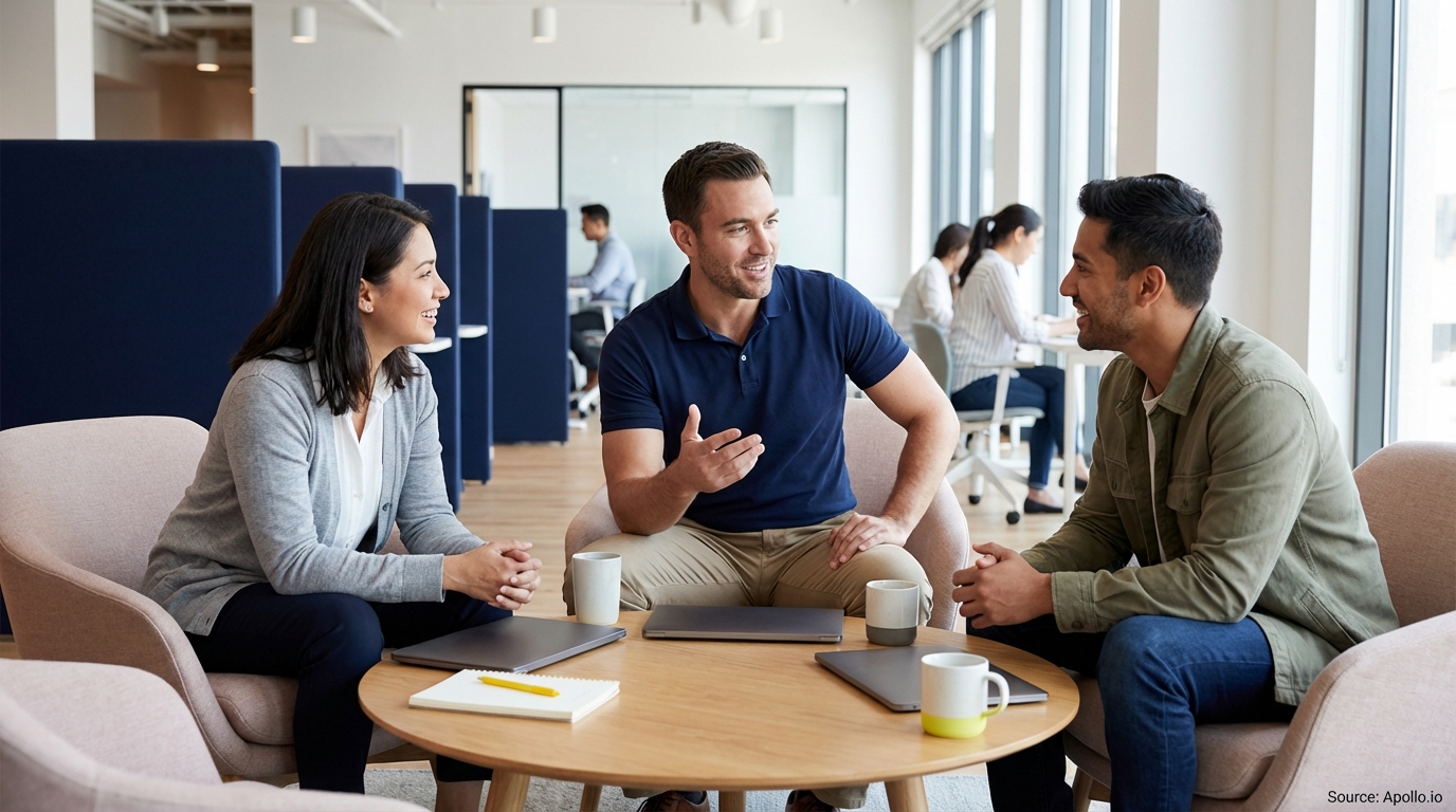 Smiling colleagues talk around a table with laptops in a bright, modern office.